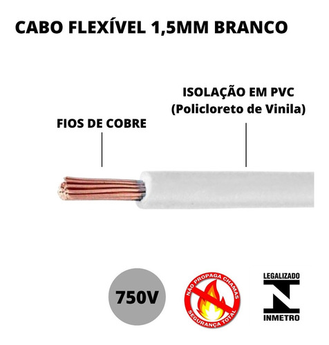 Cabo Elétrico Branco Fio Fase Para Luz 1,5mm 50 Metros