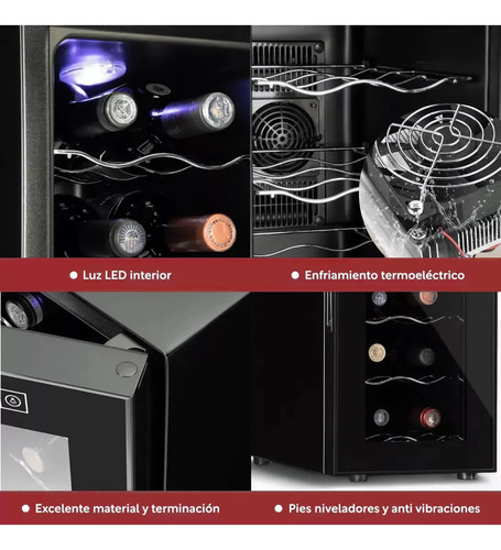 Cava Enfriador De Vinos Para 8 Botellas Capacidad 23 L Temperatura 8 A 18 C° Luz Led Interior Estantes Removibles Control Temperatura Manual Nevera Frigobar Luri
