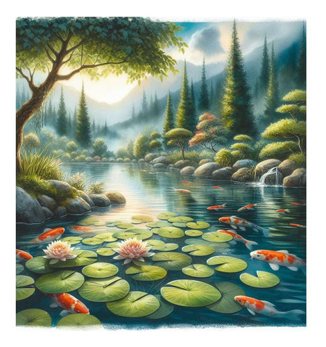 Vinilo 100x100cm Koi Paisaje Sereno Acuarela Relajacion M1