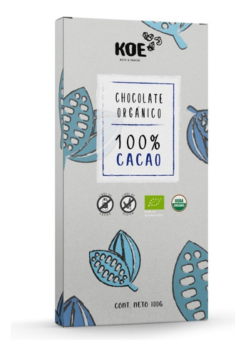 Barra Chocolate 100% Cacao 100gr Marca Koe Orgánico