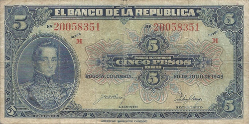 Colombia 5 Pesos Oro 20 Julio 1943