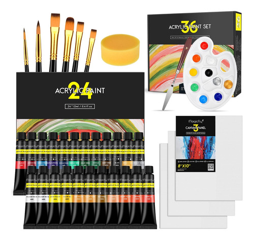 Kit De Pintura Acrílica Con 36 Colores 6 Pinceles 3 Lienzos