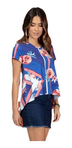 Blusa Feminina Azul Floral Estampada E Elastano Manga Curta 