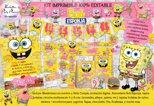 Kit Imprimible Candy Bar Bob Esponja Rosa 100% Editable