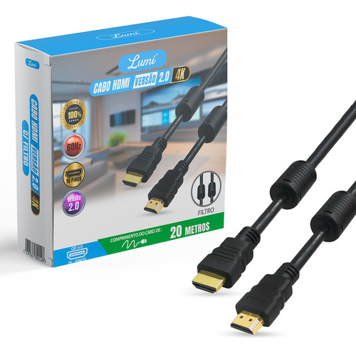 Cabo Hdmi 2.0 Com Filtro E 20m De Comprimento 19 Pinos 4k Ultra Hd Lumi