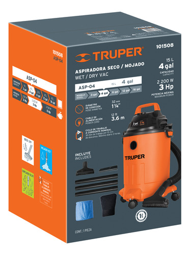Aspiradora De Solidos Y Liquidos 4 Gal Truper 101508 Naranja