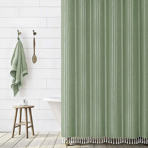 Cortina Para Ducha De Lino Diseño Rayas Estilo Bohemio Verde Verde Rayas
