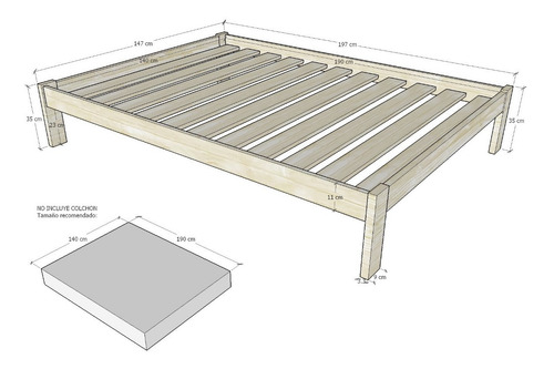 Imagen 2 de 4 de Cama Doble En Madera Natural Maciza 140 X 190 Ref: Bose