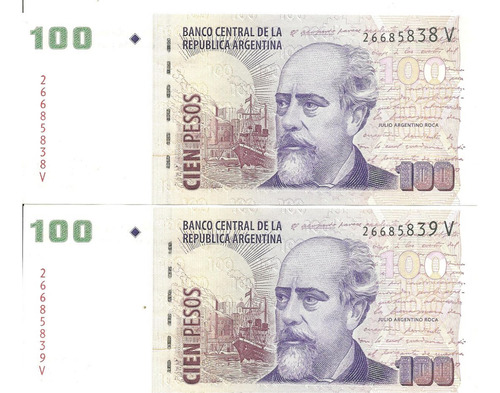 2 Billetes 100 Pesos Convertibles Correlativos Serie   V  