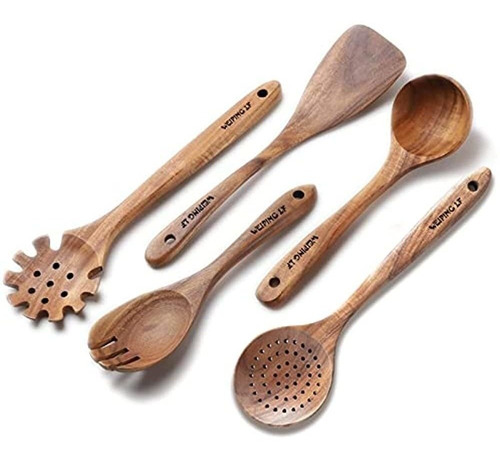 Juego De Utensilios De Cocina De Madera, 5 Cucharas De Mader