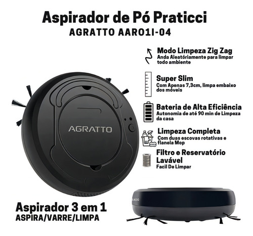 Aspirador De Pó Automático Agratto 127/220V Robo Varre Aspira Cor Preto