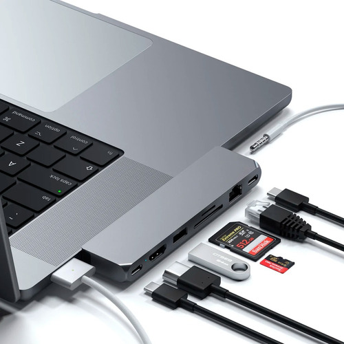 Hub Adaptador Multiportas Satechi Pro Max com HDMI 4K 60hz, USB-4, USB-C, USB, Audio P2, Leitor de Cartões Micro SD, Rede Gigabit - Cinza Espacial