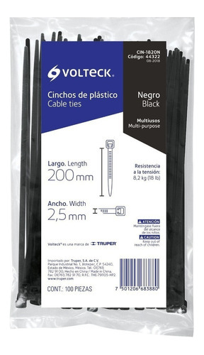 Precinto Plastico Negro Volteck 100und 2.5x200mm Cin-1820n