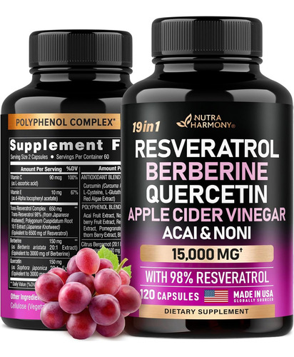Resveratrol + Berberina + Quercetina Con 120 Caps. Hecho Usa Sabor Sin Sabor