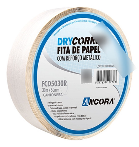 Fita De Papel P/ Drywall C/ Reforço Metálico 30mx50mm Ancora Cor Branco Lisa