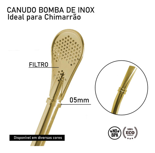 Kit 10 Canudos Para Chimarrão + 2 Escovas Limpeza - Dourado