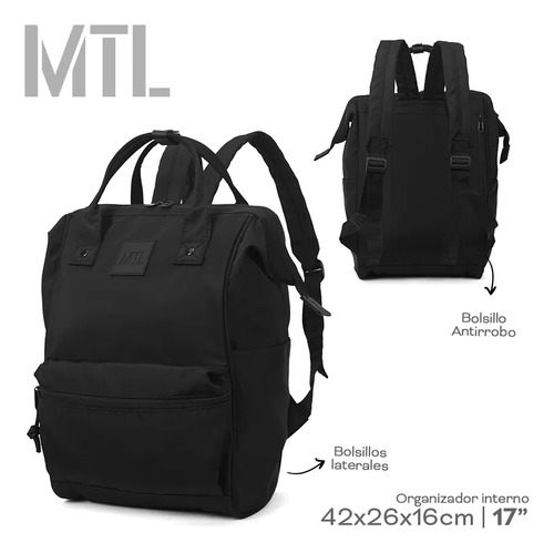 Mochila Boca De Pez Mtl Urbana Antirrobo 17 PuLG Resistente Color Negro Diseño de la tela Liso