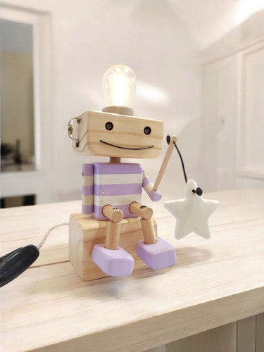 Lámpara Infantil Pescador Madera Luz Cálida Velador Noche Lila