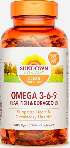 Aceites de lino, pescado y borraja Sundown Omega 3-6-9, 200 cápsulas blandas