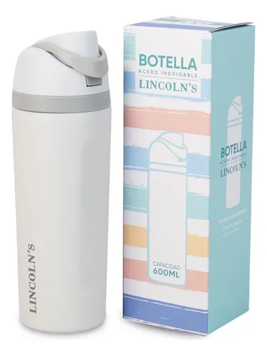 Botella Acero Inox Tapa Con Botón De Bloqueo 600 Ml Lincolns Color Blanco