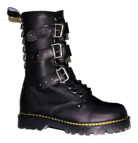 Botas Piel Grunge Hebilla Argolla Negra Vino Hombre Mujer