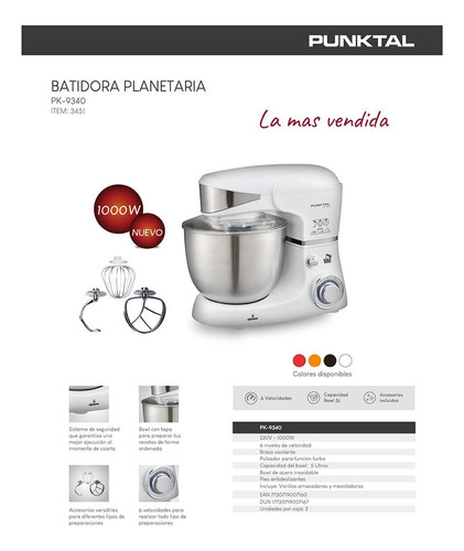 Batidora Planetaria Punktal Mod. Pk-9340 Blanca