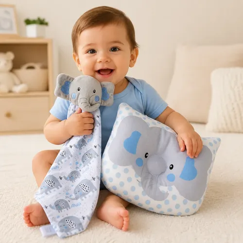 Kit Naninha Pelucia + Travesseiro Bebe Anatomico Almofada Elefante Elefante Azul