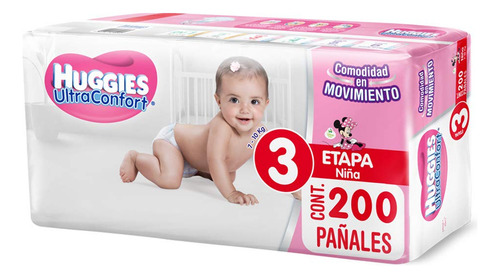 Huggies Ultraconfort Pañal Desechable Para Bebé, Etapa 3 Niña, Caja Con 200 Piezas, Ideal Para Niñas De 7 A 10 Kg