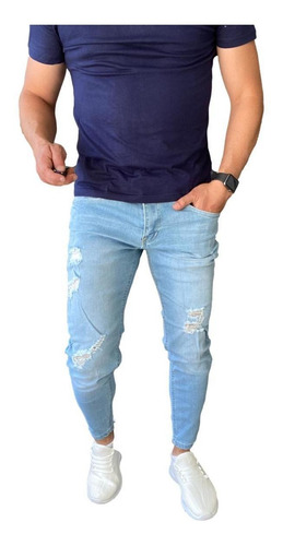 Imagen 3 de 7 de Jeans Destroyed Super Slim Ankle Fit Celeste Claro