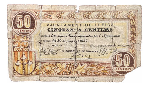 Billete 50 Céntimo España 1937 Guerra Civil Lleida Catalunia