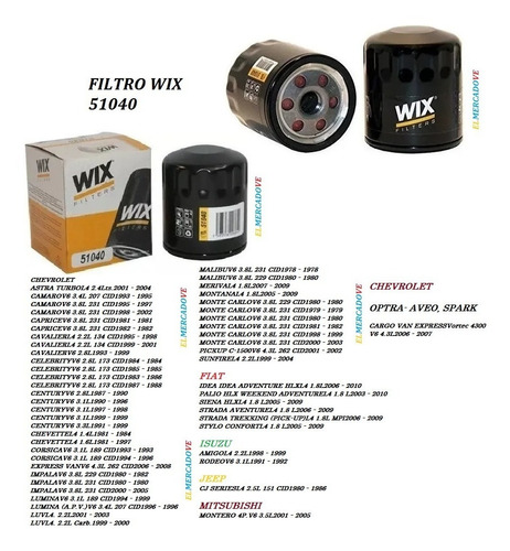 Filtro Wix 51040 Aplica Para Chevrolet Fiat, Isuzu, Jeep, Mi