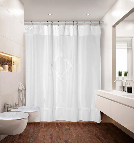 Combo Cortina De Baño Bordada + Protector + Ganchos