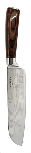 Cuchillo Acero Inoxidable Santoku Sakura Diseño Damasco 30cm Color Plateado