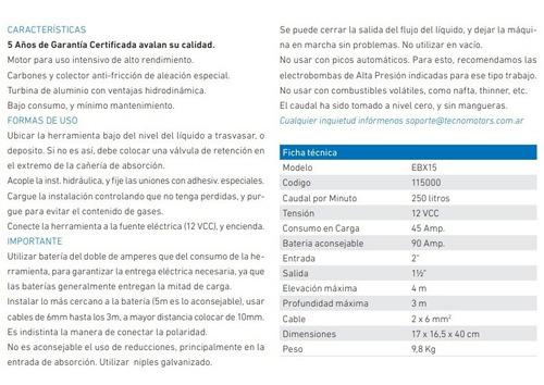 Imagen 3 de 6 de Electrobomba 12v Cc Ebx15 - 250 Litros/min