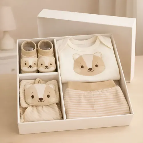 Kit Presente Bebê Recém Nascido Body Mijão Pantufa Naninha Raposinha Bege P