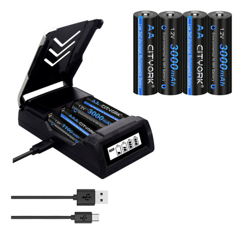 Carregador E Pilhas Recarregável Aa De 1,2v Carga Rápido Lcd