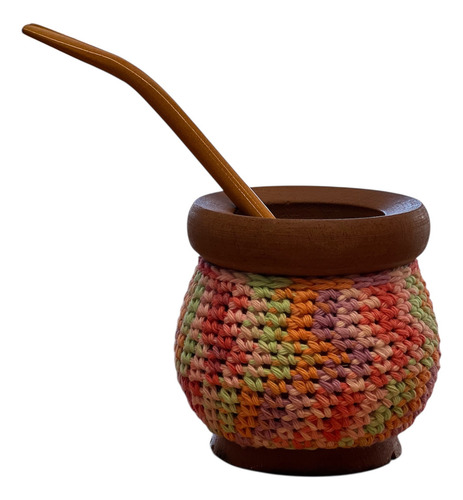 Mates De Madera Decorados Tejidos Crochet Con Bombilla Naranja Matizado Naranja
