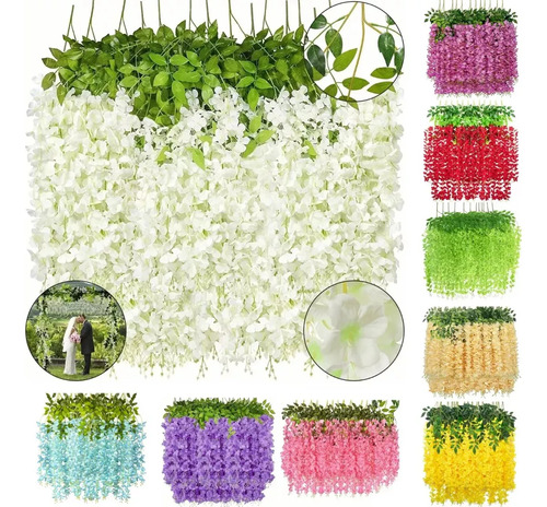 Flores Artificial Wisteria 12pzs 1.1m Decoración Fiesta Boda Color Blanco