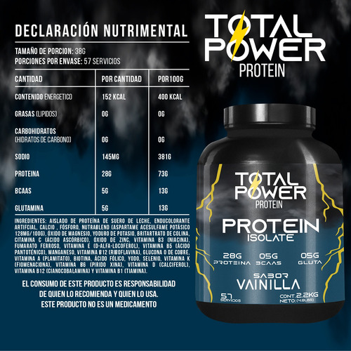 Proteína Hidrolizada Total Power 2.2kg 57 Servicios Varios Vainilla
