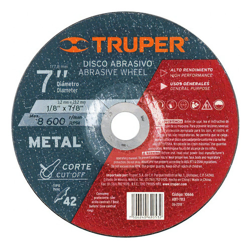 Disco Tipo 42 De 7' X 3.2 Mm Para Corte De Metal, Truper