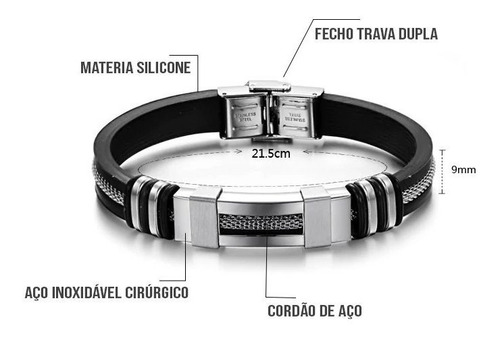 Bracelete Pulseira Masculina De Aço Prateada E Silicone