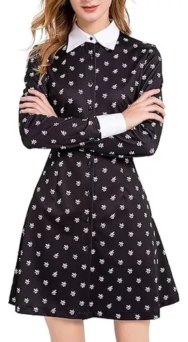 Wednesday Addams Costume for Adult Women Kids Girls Long Sleeve Peter Pan  Collar Black Dress Halloween Night Costume