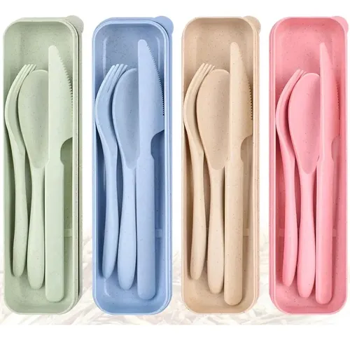 Set Cubiertos Plastico Portatil Estuche Tenedor Cuchara Verde