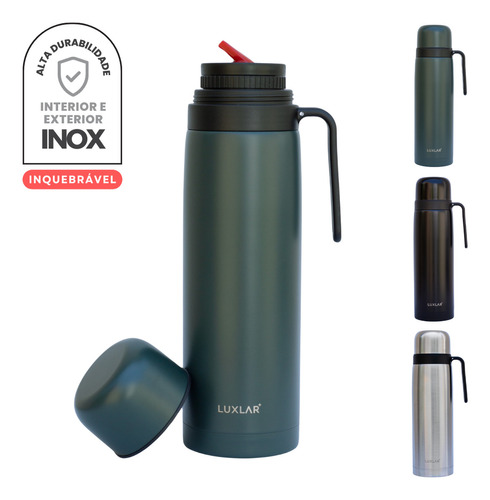 Garrafa Térmica Água Café Chá 1 Litro 100% Inox Não Quebra 36h Frio e 20h Quente Cor Verde Musgo - Luxlar