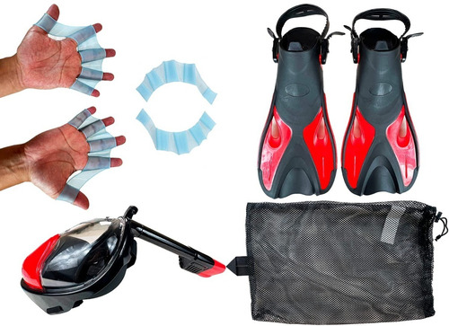 Kit De Buceo Mascara, Aletas Pies Y Manos Negro/rojo X/xl