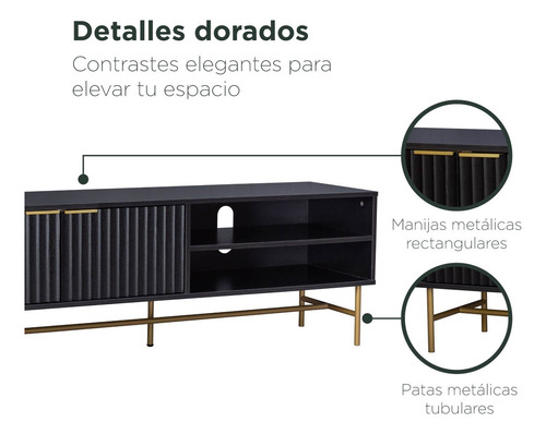Mueble Rack De Tv Acanalado Top Living Relan Queens Centro de Entretenimiento Con Puertas Color Negro y Dorado