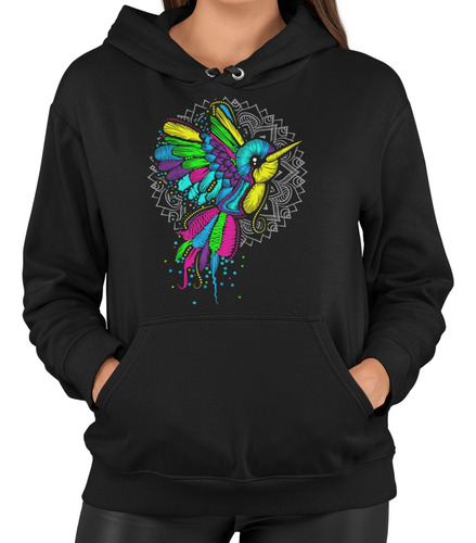 Sudadera Negra Con Gorro Para Mujer De Colibri Mandala