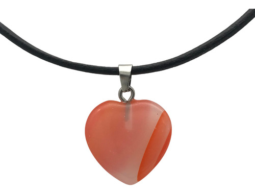Dije Corazón Mediano Cuarzo, Piedra Natural + Collar Cuero Color Naranja