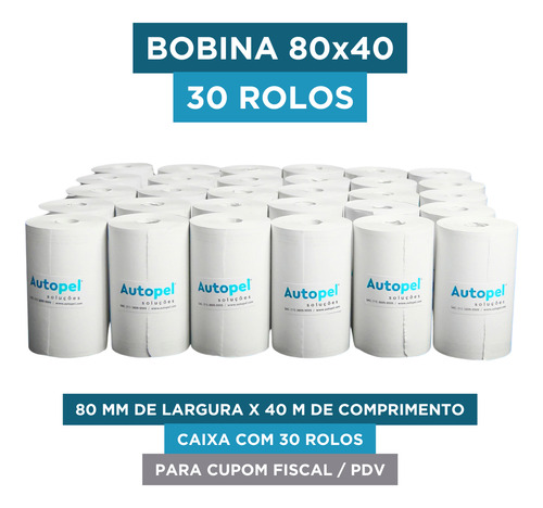Autopel Caixa com 30 unidades de bobinas 80x40 40 metros Branco 44 g