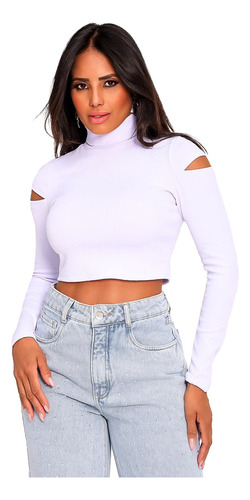 Cropped Blusa Feminina Cacharrel Gola Alta Manga Longa